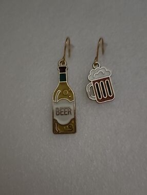 Novelty Beer Bottle and Mug Enamel Earrings - Gold and White